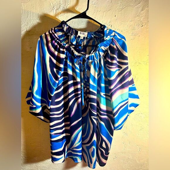 BIBI top beautiful blues multicolor top with puff balloon sleeves- lovely - Picture 1 of 7